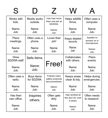 SDZWA Career Bingo Card