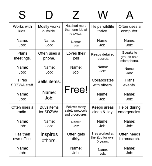 SDZWA Career Bingo Card