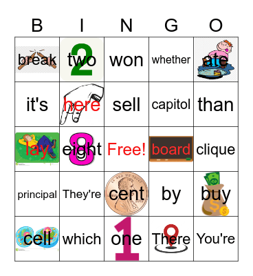 Homophones Bingo Card