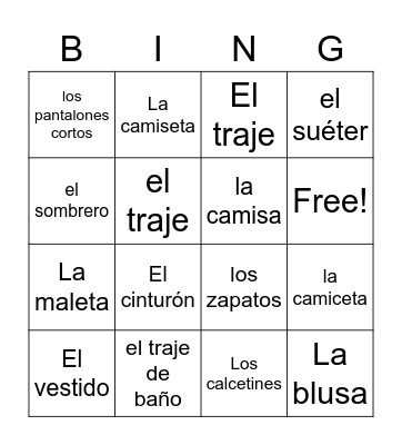 Clothing vocabulary in Spanish Bingo Card