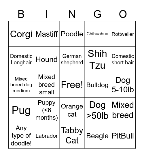 Breed Bingo Card