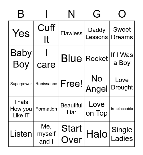 Beyonce Song Title Bingo Card