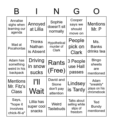 Ms. Banks Ultimate Bingo 6th Period Bingo Card