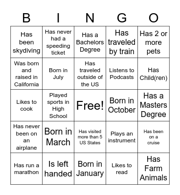 Fiscal Services BINGO Card