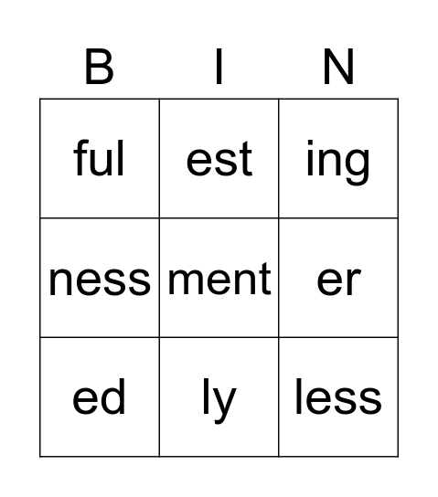 Suffix Bingo Card