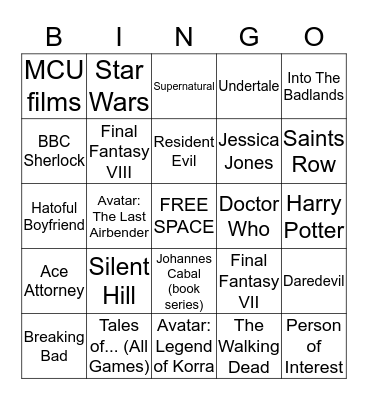 Shared Fandom Bingo Card