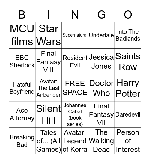 Shared Fandom Bingo Card