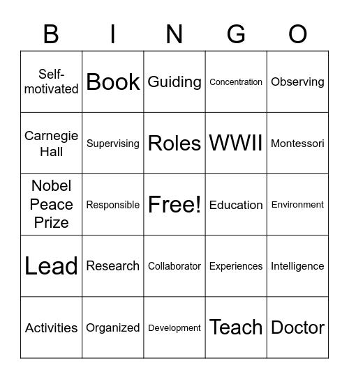 Montessori Method Bingo Card