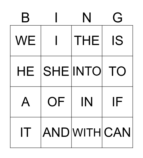 Sight Word Bingo Card