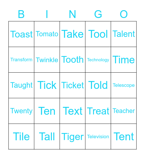 T Words Bingo Card