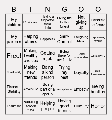 Goals and Values Bingo Card