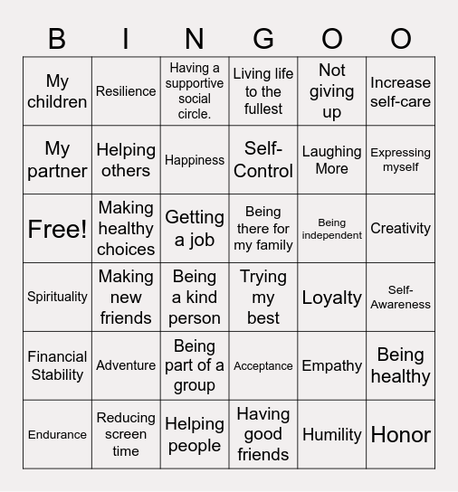 Goals and Values Bingo Card