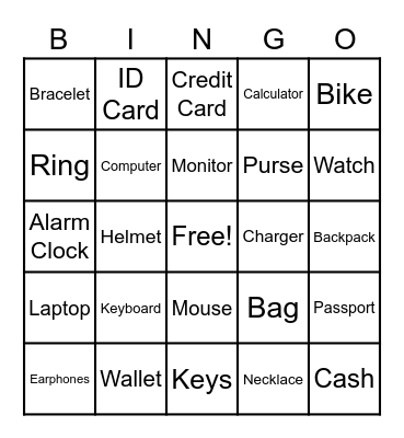 Objects Bingo Card