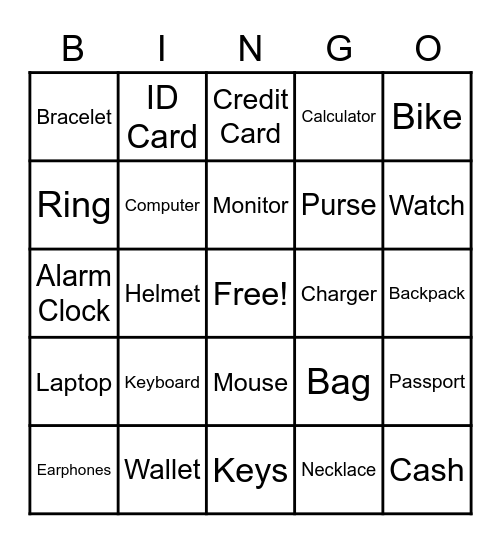 Objects Bingo Card