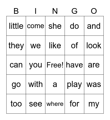 KINDY SIGHT WORDS Bingo Card
