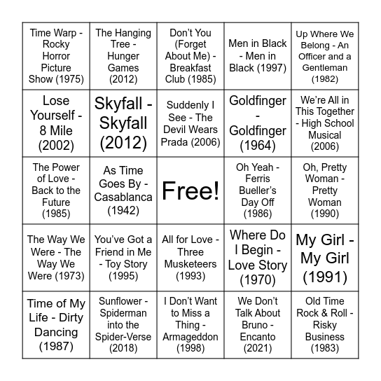 Movie Music Bingo Card