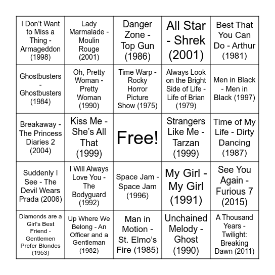 Movie Music Bingo Card