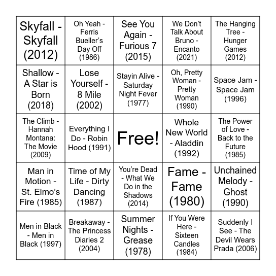 Movie Music Bingo Card