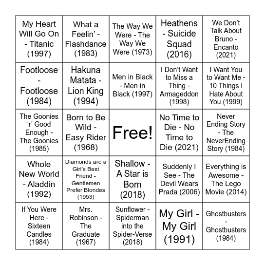 Movie Music Bingo Card