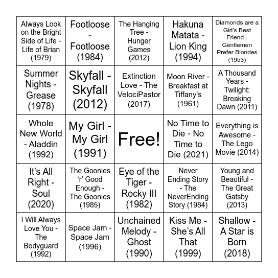 Movie Music Bingo Card