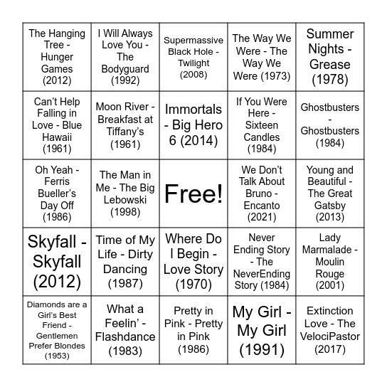 Movie Music Bingo Card