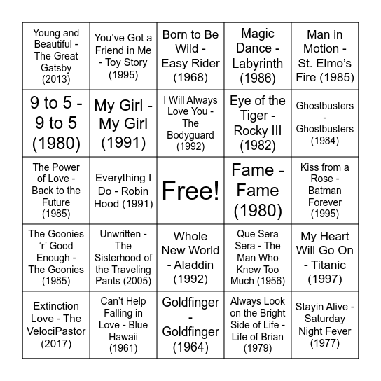 Movie Music Bingo Card