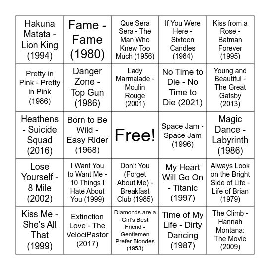 Movie Music Bingo Card