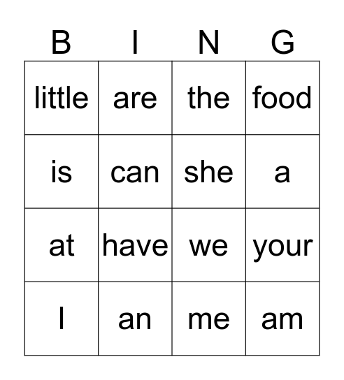 Sight Words Bingo Card