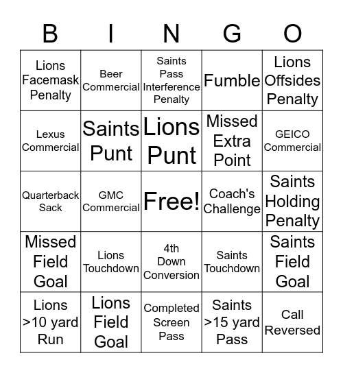 Monday Night Football 12/21/2015 Bingo Card