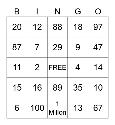 ASL Numbers Bingo Card