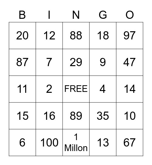 ASL Numbers Bingo Card