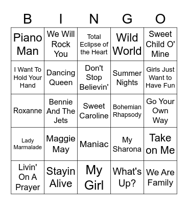 Karaoke Top Favorites Bingo Card
