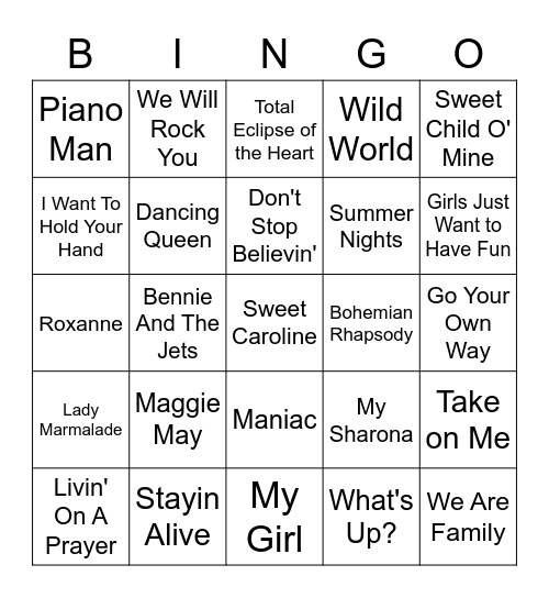 Karaoke Top Favorites Bingo Card