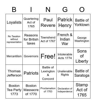 American Revolution Key Terms Bingo Card