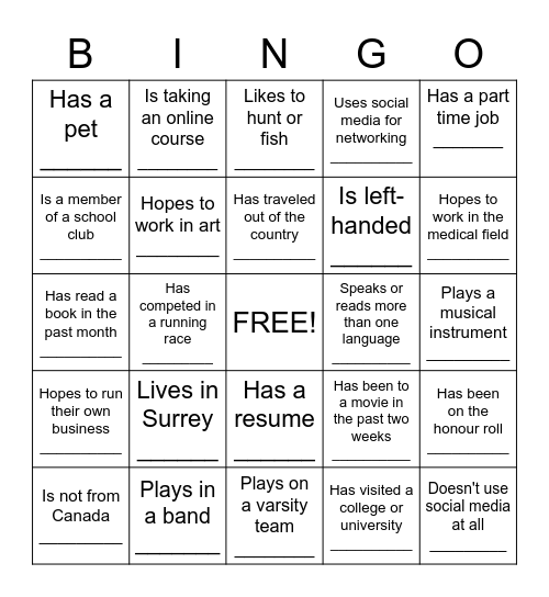 New Student Bingo Card