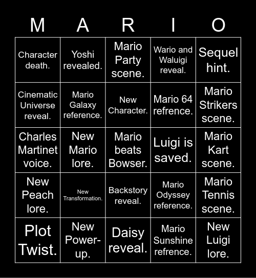 Mario Movie Bingo Card