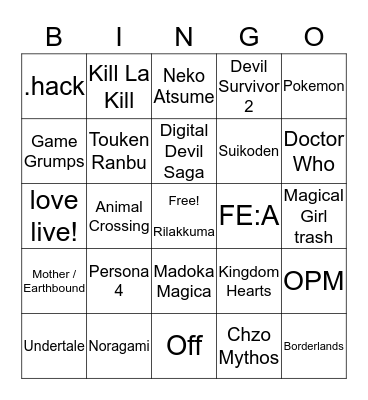 Jiji's fandom bingo Card