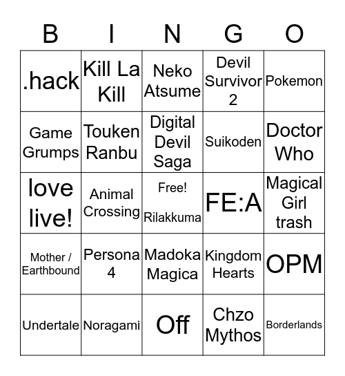 Jiji's fandom bingo Card