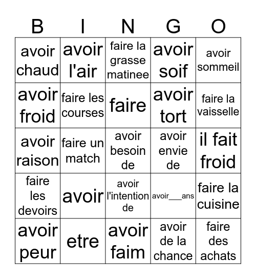 Avoir/Faire Expressions Bingo Card