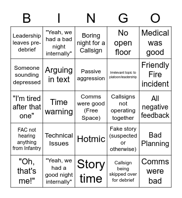ARMA Debrief Bingo Card