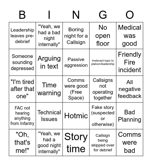 ARMA Debrief Bingo Card