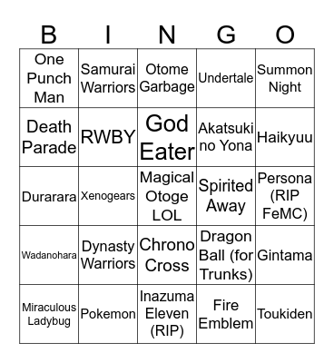 Batensan's Fandom Bingo Dingo Bingo Card