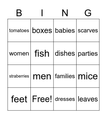 Plural Nouns Bingo Card