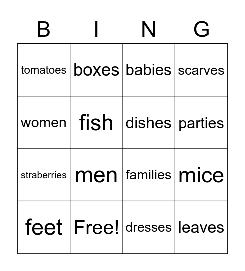 Plural Nouns Bingo Card