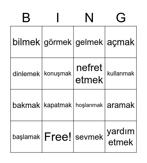Türkçe Kelimeler Bingo Card