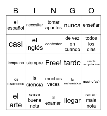 Vocabulario 2.1 Bingo Card