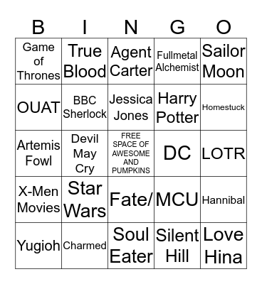 Pumpkin's Fandom Bingo Card