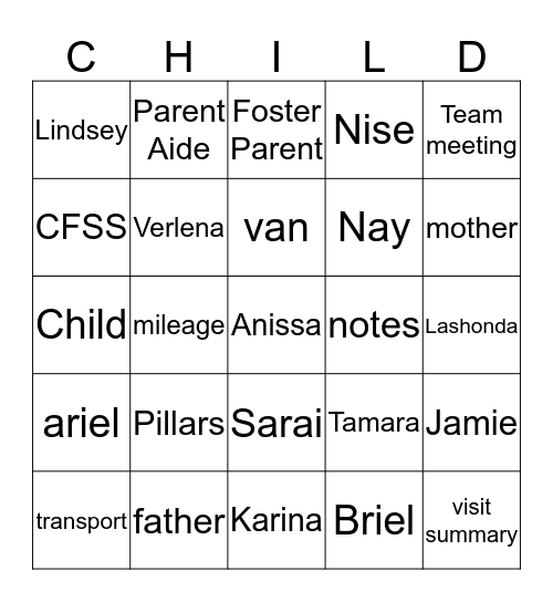 CFSS Parent Aide Bingo Card