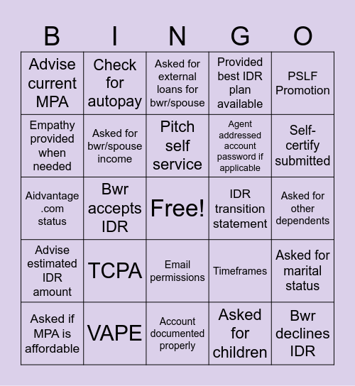 IDR Eligible Bingo Card