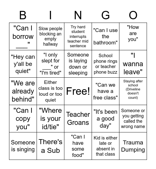 School Crack Bingo Board (Someone else has to say it not you) Bingo Card